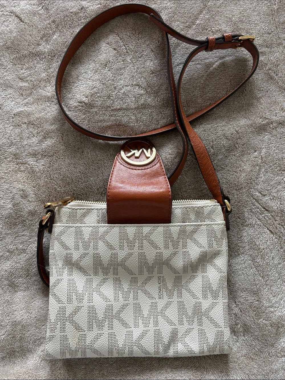 Michael Kors White and Brown MK Monogram Crossbody Bag